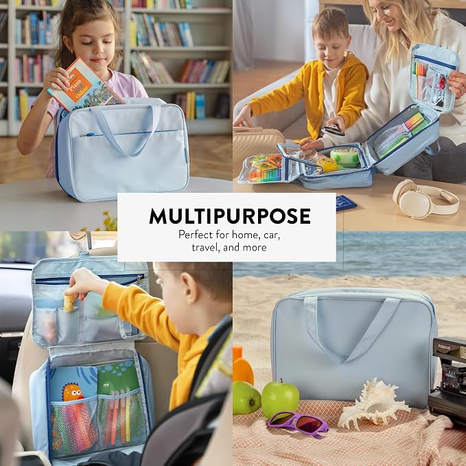 Kids Travel Organizer – Multi-Compartment, Water-Resistant Hanging Bag for Toys, Snacks, & Activities - Compact, Lightweight Design with Hook & Carry Handle - Perfect for Travel Use (Blue, Large)