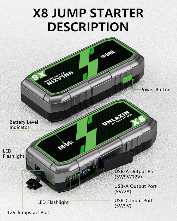 X8 Jump Starter 10000A Battery Jumper Starter Portable with Force Start, 12V Car Starter Jump Box & Battery Booster for All Gas & Diesel Engines, QC 3.0 Quick Charge, LED Light, Passenger Car