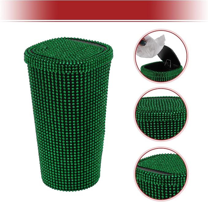 ACROPIX Car Trash Can Trash Bin Rhinestones Portable 3.5" Length 3.5" Width 6.3" Height Green Rhinestone Plastic
