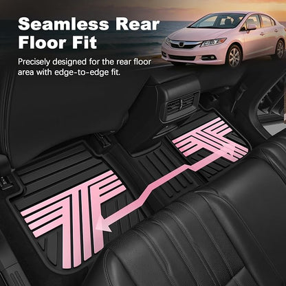 Floor Mats Fit for 2012-2015 Honda Civic Sedan & Sedan Si (Not for Coupe), Custom Fit All Weather Protection Heavy Duty Anti-Slip Car Mats for Civic, 1st & 2nd Row, Black & Pink