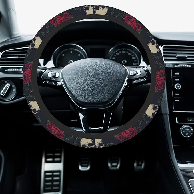 Car Steering Wheel Cover, 14.5"-15" Inch Universal Anti-Slip DurableSteering Wheel Protective Cover, Breathable Auto Interior Decoration Accessories for Sedan SUV Truck (Roses and Skulls)