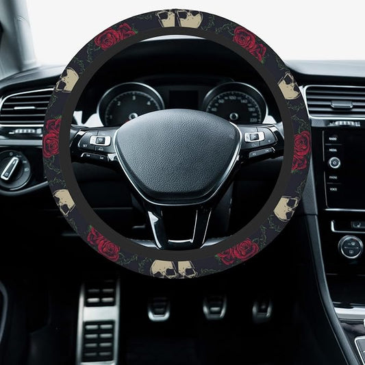 Car Steering Wheel Cover, 14.5"-15" Inch Universal Anti-Slip DurableSteering Wheel Protective Cover, Breathable Auto Interior Decoration Accessories for Sedan SUV Truck (Roses and Skulls)