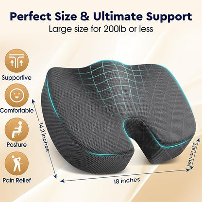 TushGuard Seat Cushion - Memory Foam Sitting Pillow for Office Chair, Car Seat, Airplane, Bleacher - Sciatica & Hip & Coccyx Pain Relief Desk Chair Cushion for Long Sitting Office Workers, Car Drivers