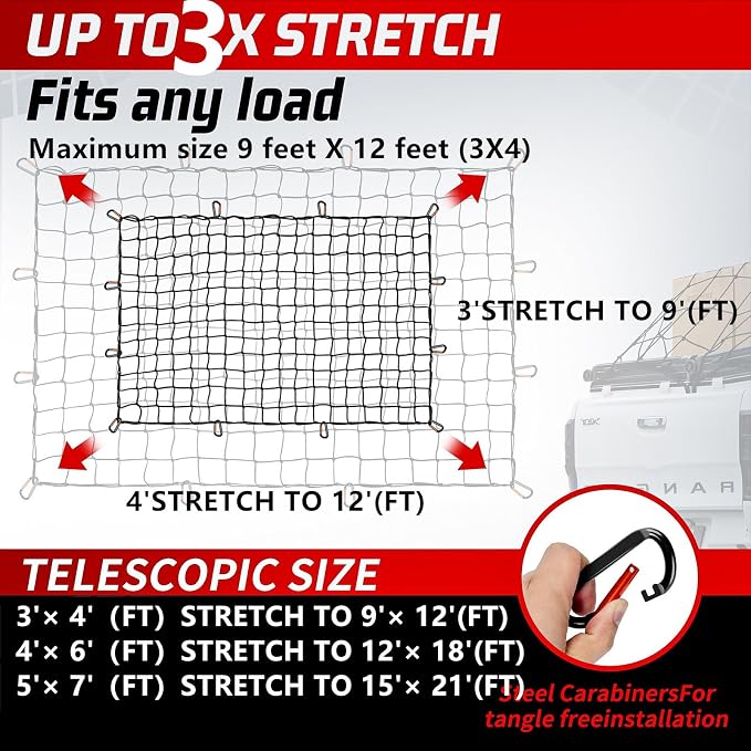 Heavy Duty Cargo Net for Pickup Truck Bed - Stretches from 3' x 4' to 9' x 12' - 12 Metal Carabiners - Compatible with Ford, Dodge RAM, Chevy, Toyota - Ideal for (Black, 3X4 Feet)