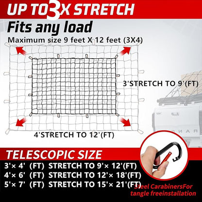 Heavy Duty Cargo Net for Pickup Truck Bed - Stretches from 3' x 4' to 9' x 12' - 12 Metal Carabiners - Compatible with Ford, Dodge RAM, Chevy, Toyota - Ideal for (Black, 3X4 Feet)
