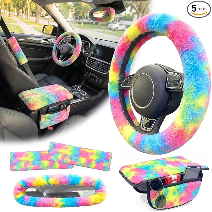 5 Pcs Fuzzy Tie Dye Rainbow Car Accessories Set, Soft Fluffy Plush Steering Wheel Cover, Center Console Armrest Pad & Rearview Mirror Cover - Interior Decorations for Women,Universal Fit (Candy)