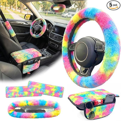5 Pcs Fuzzy Tie Dye Rainbow Car Accessories Set, Soft Fluffy Plush Steering Wheel Cover, Center Console Armrest Pad & Rearview Mirror Cover - Interior Decorations for Women,Universal Fit (Candy)