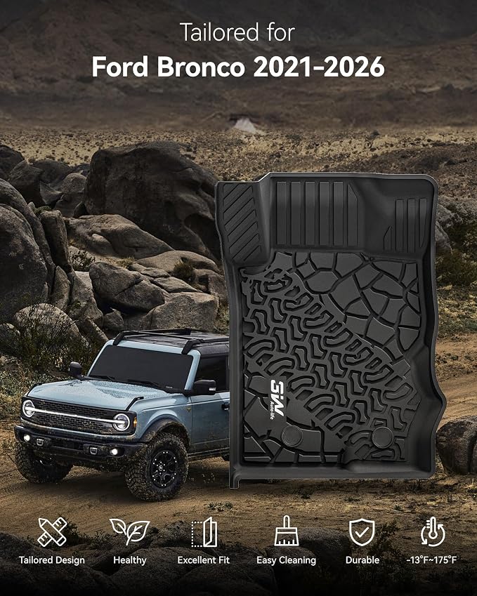 3W Floor Mats & Cargo Liner Fit for 2021-2025 2026 Ford Bronco 4 Door, TPE All Weather Custom Fit Floor Liner 1st 2nd Row and Full Set Trunk Mats, Black (Not for Bronco Sport & Rubberized Floor)