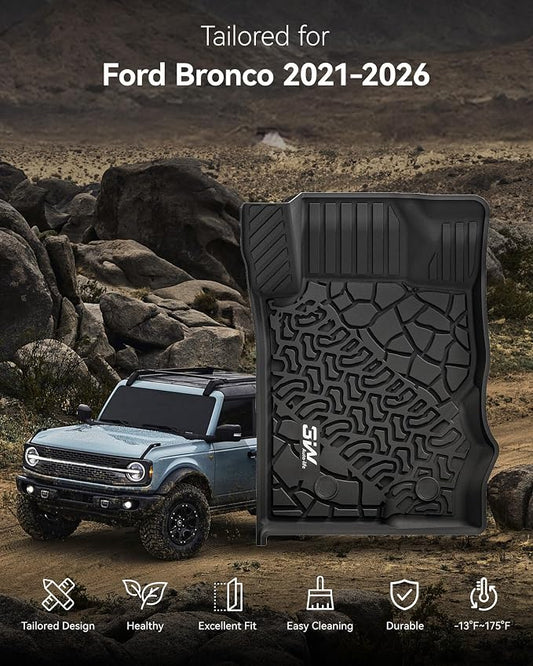 3W Floor Mats & Cargo Liner Fit for 2021-2025 2026 Ford Bronco 4 Door, TPE All Weather Custom Fit Floor Liner 1st 2nd Row and Full Set Trunk Mats, Black (Not for Bronco Sport & Rubberized Floor)