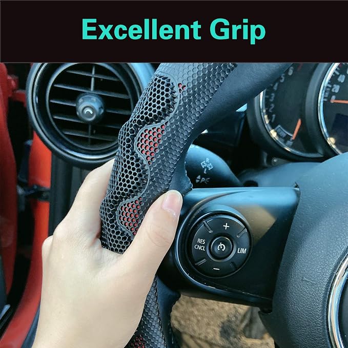PINCTROT D Shaped 14.5-15 Inch Steering Wheel Cover Great Grip with 3D Honeycomb Anti-Slip Design, Flat Bottom 14.5-15 Inch (Wine Red)