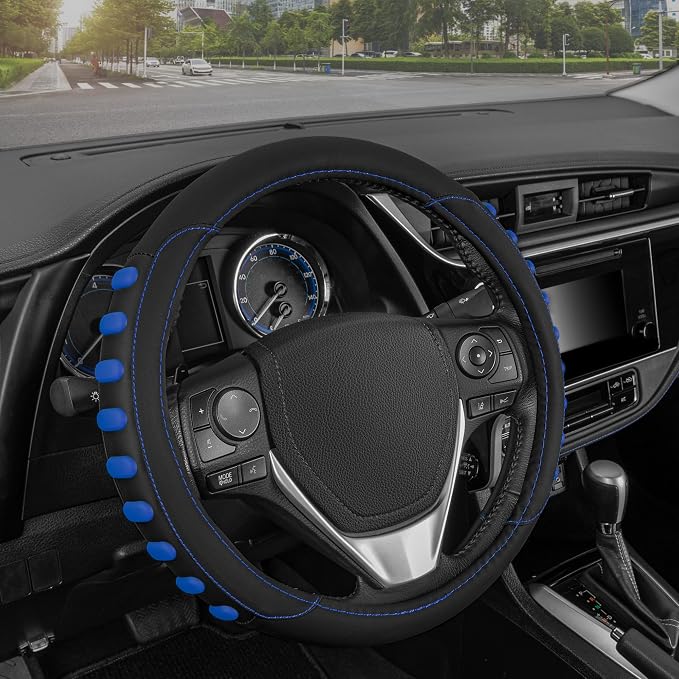 Motor Trend FlexGrip Blue Steering Wheel Cover for Cars – Standard 15 inch Car Steering Wheel Cover, Steering Wheel Protector for Auto Truck Van SUV