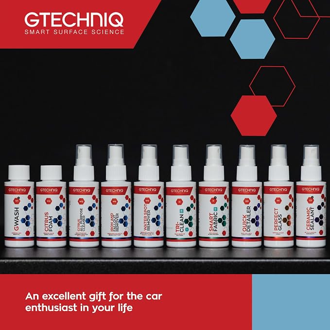 Gtechniq Smart Sample Car Care Kit, 10-Piece | Gift Set Includes Shampoo, Detailer, All-Purpose Cleaner, Glass Polish, Water Spot Remover and More, 1.69 fl oz Bottles in a Presentation Gift Box