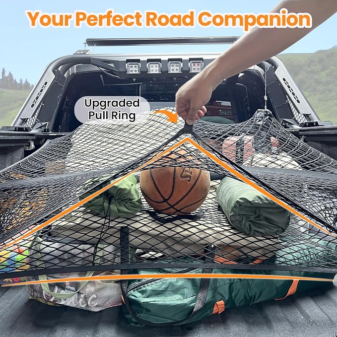 Truck Bed Net, Double-Layer Elastic Cargo Net Stretchable Mesh Organizer for Pickup, Suitable for Daily Light Loads of Trucks, Up to 2X Elastic from 4'x4’ Stretches to 7‘x 7’
