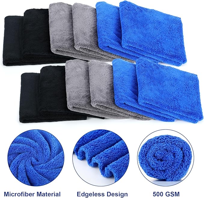 Shimeyao 30 Pcs16 x 16 Inch Edgeless Microfiber Plush Towels for Cars Detailing Drying Wash Polishing Absorbent Cleaning Cloths, 500 GSM (Navy Blue, Gray, Black)