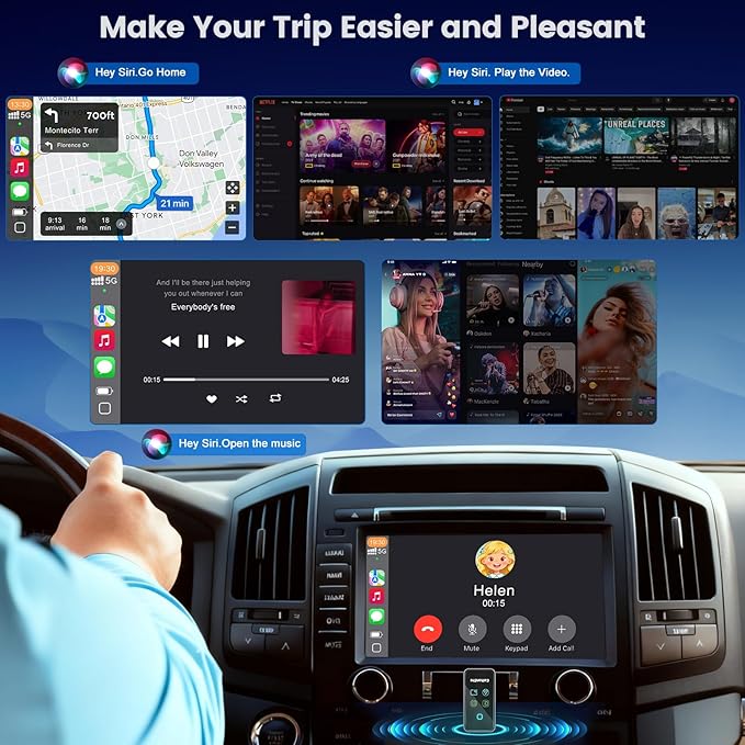 4 In 1 Wireless CarPlay Adapter, Screen Mirroring Adapter Support iPhone iOS 10+ & Android 11+ to Car Screen to Watch Videos, Wired to Wireless, No Delay (CarPlay+Airplay+Android Auto+ Mirror Link)