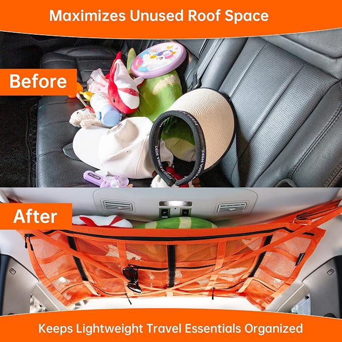 Extra Large Car Ceiling Cargo Net 39.3" x 23.6" for SUV,Truck & Van,Double Layer Roof Storage Organizer with Adhesive Straps,Overhead Mesh Holder for 4 Handle Vehicles,Camping Travel,Orange