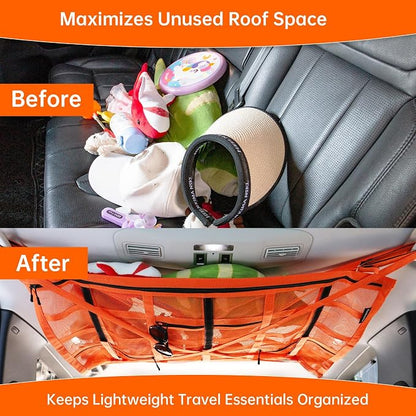 Extra Large Car Ceiling Cargo Net 39.3" x 23.6" for SUV,Truck & Van,Double Layer Roof Storage Organizer with Adhesive Straps,Overhead Mesh Holder for 4 Handle Vehicles,Camping Travel,Orange