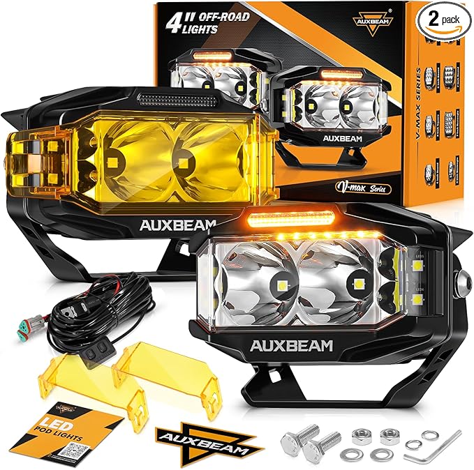 Auxbeam V-MAX Series 4 Inch LED Pod Driving Lights, 72W Rectangle Side Shooter Offroad Cube Spotlights with Amber DRL, 270° Combo Beam 6 Modes White/Amber/Yellow Auxiliary Lights with Covers, Pair