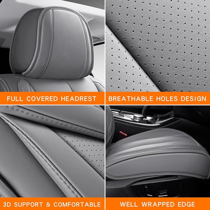 MINGBRON Leather Car Seat Covers,Car Seat Covers Full Set,Automotive Seat Covers 5 Seats,Fit for Most Cars SUV and Most Sedans Grey