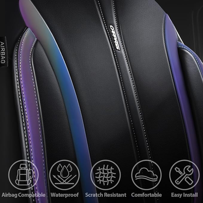 CAR PASS Nappa Leather Seat Covers Front Seats Only, Waterproof Faux Leather car Seat Cover 2 Piece Cushions Protector Universal Fit for SUV Truck Automotive Vehicle, Chameleon Iridescent Reflective