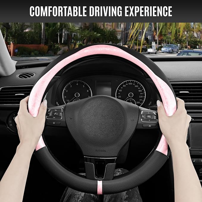 PIC AUTO Steering Wheel Cover, Pink Patterned & Black Leather Patchwork Design, Universal Fit 14.5"–15.5", Anti-Slip, Odor-Free, Soft PU Grain Leather, Durable Grip Car Accessory for Girls & Women