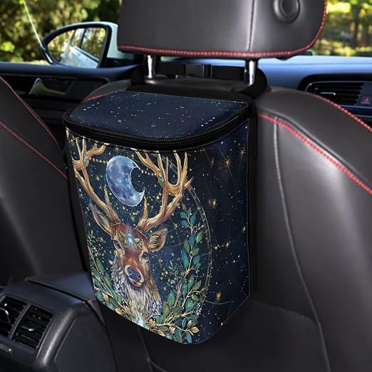 Talayituse Deer Moon Print Car Trash Can Portable Auto Garbage Bin Multifunctional Vehicle Interior Accessories with Adjustable Straps Universal Fit Truck SUV Sedan
