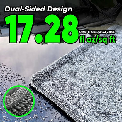 SHSCLY 2-Pack Double-Sided Microfiber Car Drying Towel Gray 18 x 23 in | Dual-Sided Design, Includes Figure-8 Car Wash Sponge, Paint Safe, Lint-Free, Machine Washable
