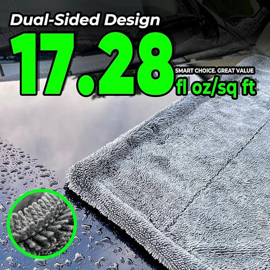 SHSCLY 2-Pack Double-Sided Microfiber Car Drying Towel Gray 18 x 23 in | Dual-Sided Design, Includes Figure-8 Car Wash Sponge, Paint Safe, Lint-Free, Machine Washable
