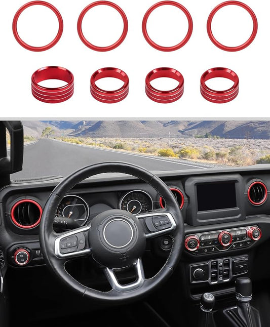 JWWY JL AC Air Vent Trim Rings & Dashboard Headlight Switch Decor Switch Knob Cover Kit Fit for 2018-2023 Jeep Wrangler JL JLU Interior Accessories, Aluminum Alloy 8PCS Red