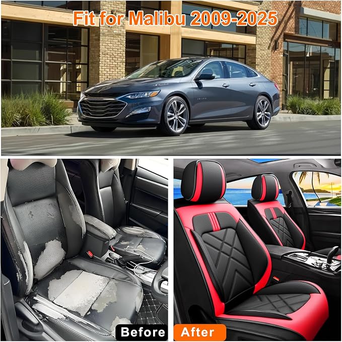 Malibu Seat Covers Fit for Chevrolet/Chevy Malibu 2007-2026, Full Coverage Leather Waterproof Breathable Seat Covers, Automotive Seat Protectors, Airbag Compatible, (Full Set Seats, Red Black)
