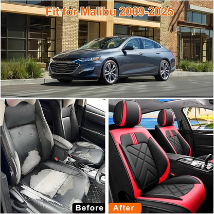 Malibu Seat Covers Fit for Chevrolet/Chevy Malibu 2007-2026, Full Coverage Leather Waterproof Breathable Seat Covers, Automotive Seat Protectors, Airbag Compatible, (Full Set Seats, Red Black)
