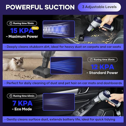 SakerPlus Mini Vacuum Cleaner, 3 in 1 Car Vacuum Cleaner High Power, 15000PA Powerful Suction, Air Duster, 7500mAh, Dual Filter,Adjustable Small Vaccum Portable Cordless for Cars,Desktop - Deep Blue