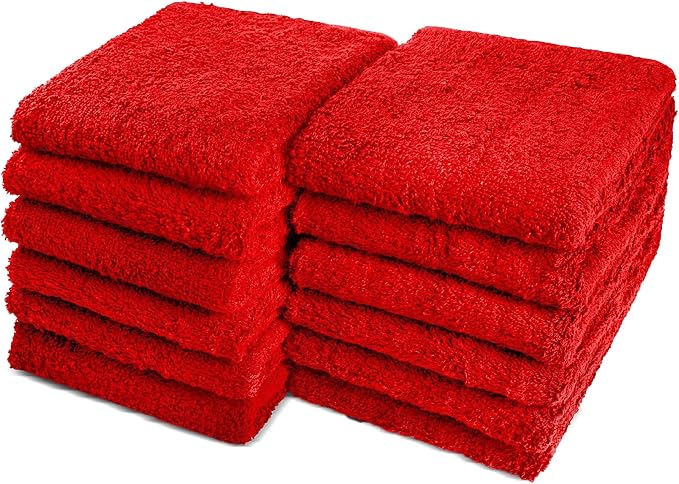 Cotton Towels for Multiple Use, 100% Ring Spun Cotton Towel Set, Heavy Duty - Super Absorbent Cleaning Towels for Car and Home - 16” X 27” (12 Pack, Red)