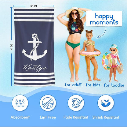 JML Personalized Beach Towel with Name, Custom Anchor Beach Towel, Customized Microfiber Pool Towel, Quick Dry & Absorbent Swim Towel for Adult,Anniversary, Birthday, Summer Holiday,Vacation