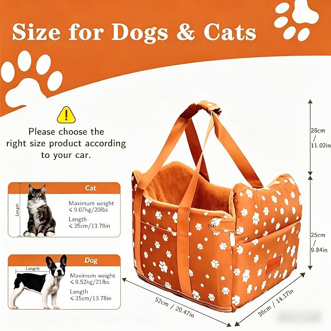 Center Console Dog Car Seat for Medium Dogs - Portable Dogs Armrest Booster Seat, Anti-Collapse Pet Car Seat with Soft Cushion Safety Belt, Support Pet Up to 21lbs (Orange)