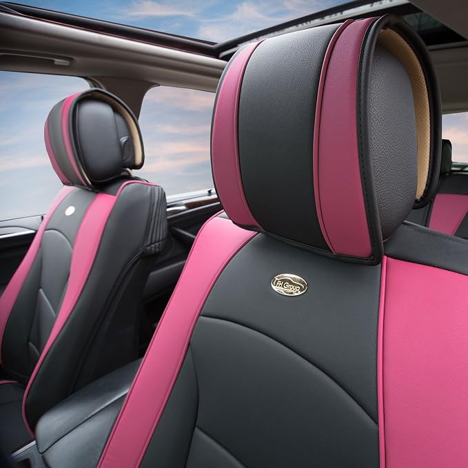 FH Group Ultra Comfort Highest Grade Faux Leather Full Set Cushion Pads Car Seat Covers for Front and Rear– Universal Fit for Cars Trucks & SUVs Pink/Black
