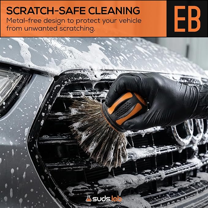 Suds Lab Elite-Bristle Boar’s Hair Car Detailing Brush – Deep Cleaning Car Detail Brush with Stand – Metal-Free, High Absorbency Detailing Tool for Scratch-Free Interior & Exterior