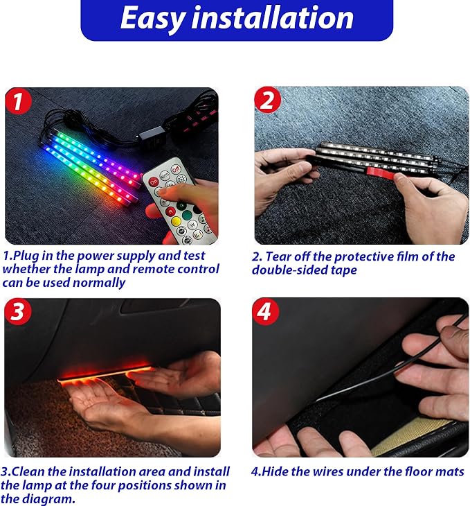 RGB-IC Car LED Interior Strip Lights with Remote Control, Dream Color APP Control Car Inside Ambient Lighting, Multicolor USB Footwell Under Dash Neon Light Kits for Cars,SUVs,ATV,Truck, DC5V
