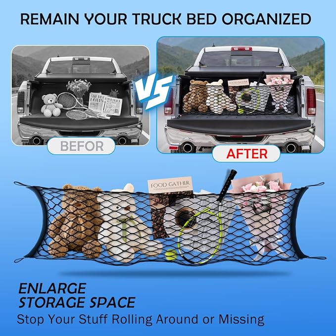 Envelope Style Truck Bed Cargo Net for Dodge Ram 1500 2019-2026 Accessories, Rear Trunk Mesh Cargo Net, Upgraded 5mm Bungee & Double-layer Nylon Storage Tailgate Netting Grocery&Tools Holder Organizer