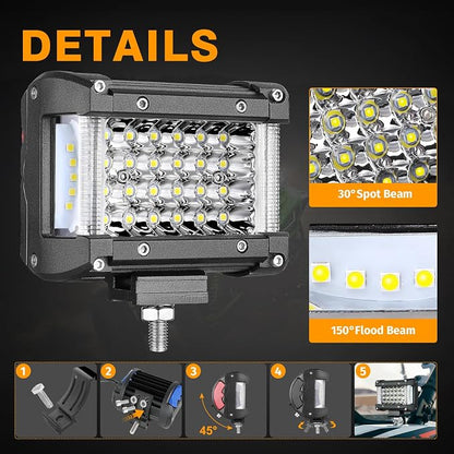 Side Shooter LED Pod Lights, Muto-Beam 2PCS 4 Inch Quad Row Light Pods LED Fog Lights Off Road Driving Lamps Waterproof Spot Flood Combo Lighting Work Light for Truck UTV ATV Pickup SUV Boat
