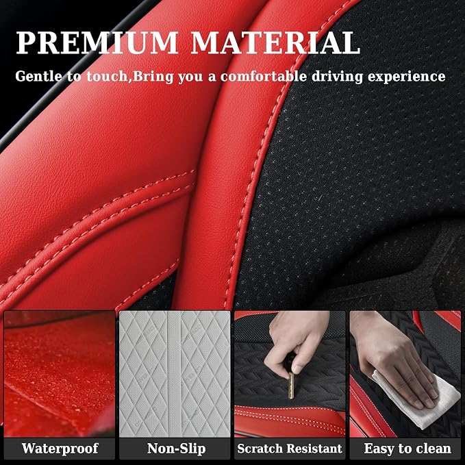 Coverado Seat Covers Full Set, 5 Seats Car Seat Cover Winter, Front and Back Seat Covers for Cars, Breathable Faux Leather Car Seat Cushion, Car Seat Protector Universal Fit for Most Cars Vans, Red