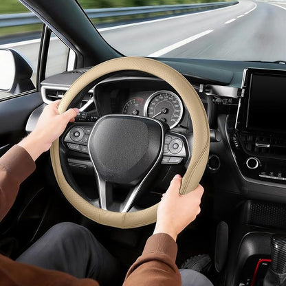 SEG Direct Steering Wheel Cover 14.5-15 inch (37-39 cm) Medium Size, Microfiber Leather, Non-Slip Comfortable Grip, Fits Cars Trucks SUVs, Beige