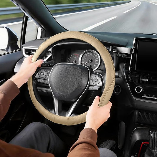 SEG Direct Steering Wheel Cover 14.5-15 inch (37-39 cm) Medium Size, Microfiber Leather, Non-Slip Comfortable Grip, Fits Cars Trucks SUVs, Beige