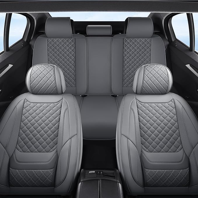 Car Seat Covers Full Set, Grey Leather Seat Covers, Breathable Front and Back Car Seat Protectors, Wear-Resistant Seat Covers Universal Fit for Most Cars SUV Truck (Grey-Diamonds, Full Set)