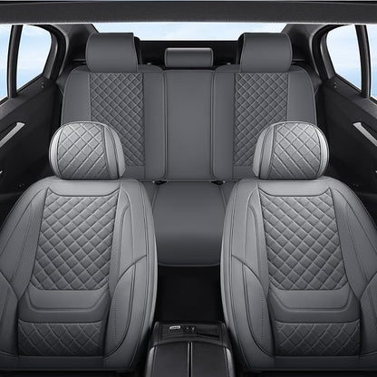Car Seat Covers Full Set, Grey Leather Seat Covers, Breathable Front and Back Car Seat Protectors, Wear-Resistant Seat Covers Universal Fit for Most Cars SUV Truck (Grey-Diamonds, Full Set)
