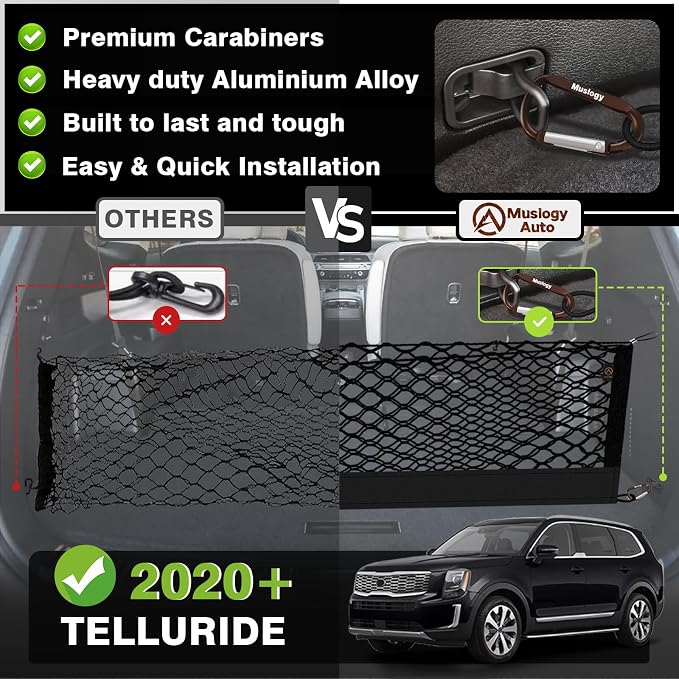 Muslogy Truck Bed Cargo Net Trunk Netting Compatible with Kia Telluride 2026 2020-2025 (V2) Accessories, Pickup Cargo Organizer SUV Sedan Storage Net w/Heavy Duty Carabiners