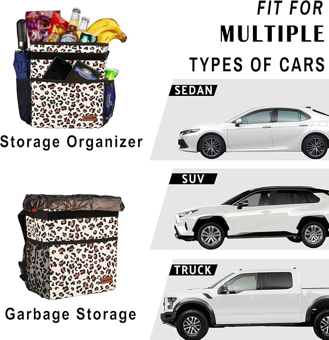 SIBOFUEGO Cute Car Trash Can with Lid – Multipurpose Collapsible Trash Bin for Car, Leak-Proof Organizer, Waterproof Garbage Can with Storage Pockets & Adjustable Straps, 2 Gallons (Leopard Print)
