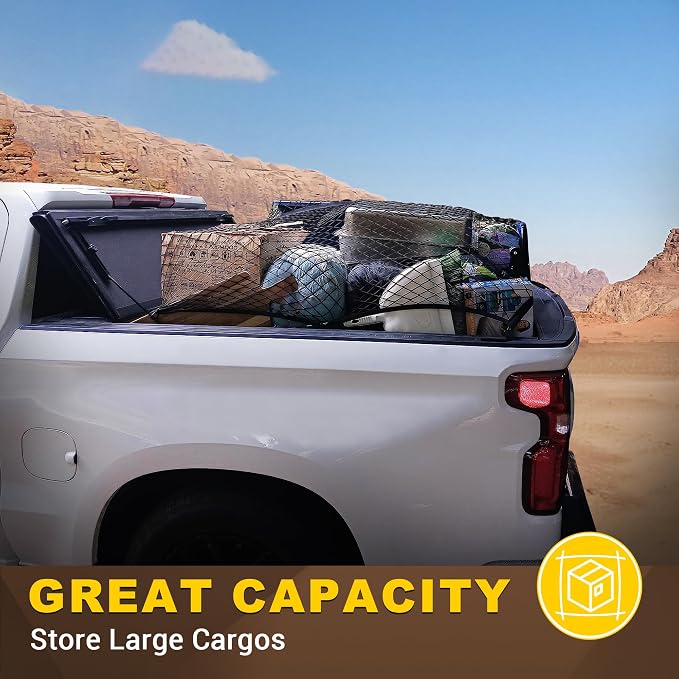 BUMBEE Truck Bed Cargo Net, Highly Elastic Stretchable up to 7ft x 7ft Small Mesh Durable Storage Organizer for Pickup Car Trunk SUV Boat