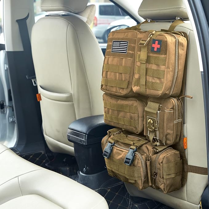 Universal Tactical Car Seat Back Organizer Bag Tactical Molle Vehicle Organizers Panel Vehicle Protector Organizers with 5 Detachable Pouches for Car Truck Ford Jeep (Khaki)