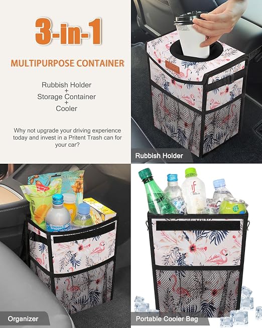 Pritent Car Trash Can with Lid, Cute Leakproof Car Trash Garbage Bag Hanging Vehicle Trash Bin Small Portable Automotive Garbage Cans Organizer for Back/Front Seat/Console(2.8 gal,Flamingo Print